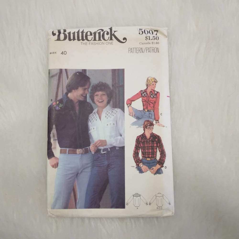 BUTTERICK 5007 Chest 40 Men's Button Front Shirt Front & Back Yokes Pointed Coll